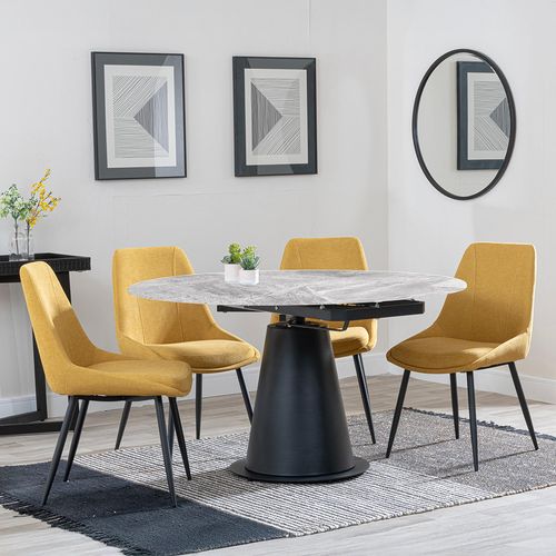 Carrara Grey Ceramic 4 Seater Round Extending Dining Set - 4 Darwin Yellow Fabric Dining Chair