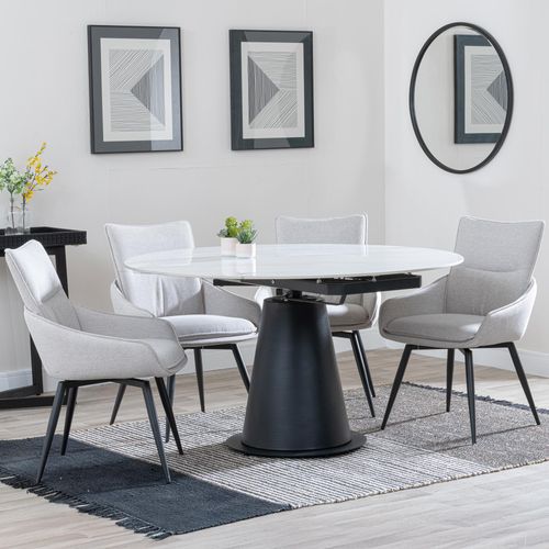 Carrara White Ceramic 4 Seater Round Extending Dining Set - 4 Ace Beige Fabric Swivel Dining Chair