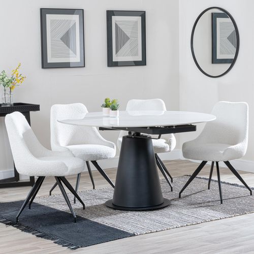 Carrara White Ceramic 4 Seater Round Extending Dining Set - 4 Arctic Cream Velvet Fabric Swivel Dining Chair