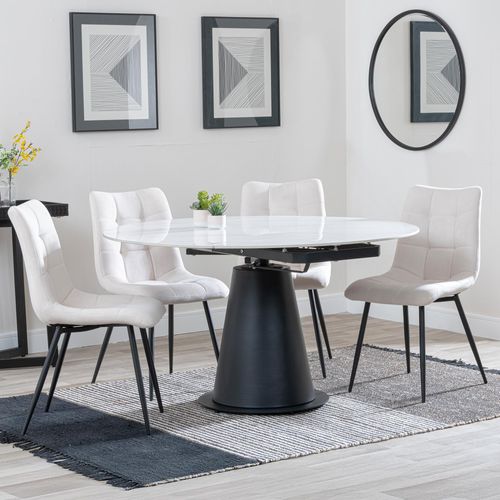 Carrara White Ceramic 4 Seater Round Extending Dining Set - 4 Corona Beige Fabric Dining Chair