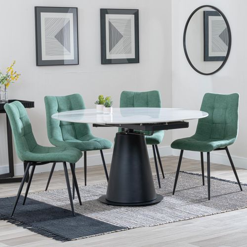 Carrara White Ceramic 4 Seater Round Extending Dining Set - 4 Corona Green Fabric Dining Chair