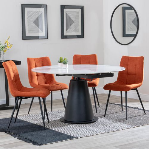 Carrara White Ceramic 4 Seater Round Extending Dining Set - 4 Corona Orange Fabric Dining Chair