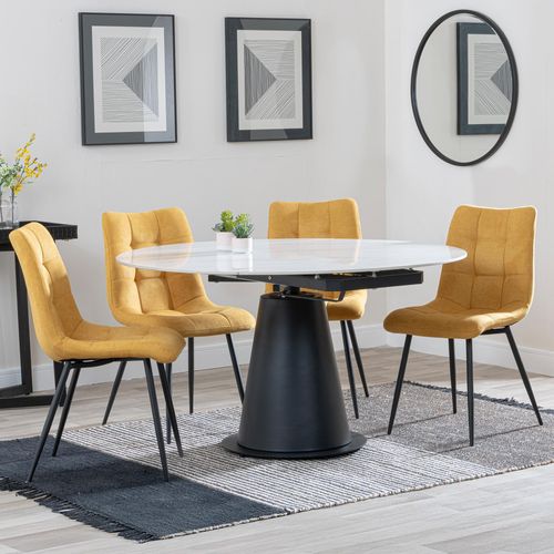 Carrara White Ceramic 4 Seater Round Extending Dining Set - 4 Corona Yellow Fabric Dining Chair