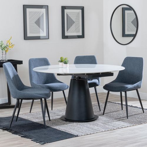 Carrara Dining Set - 4 Seater - 135cm - Round - White Ceramic - Extending - 4x Darwin Dining Chairs - Dark Grey Fabric