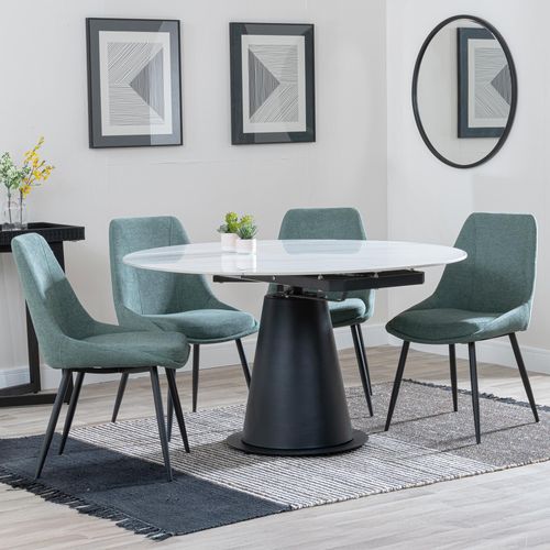 Carrara White Ceramic 4 Seater Round Extending Dining Set - 4 Darwin Green Fabric Dining Chair