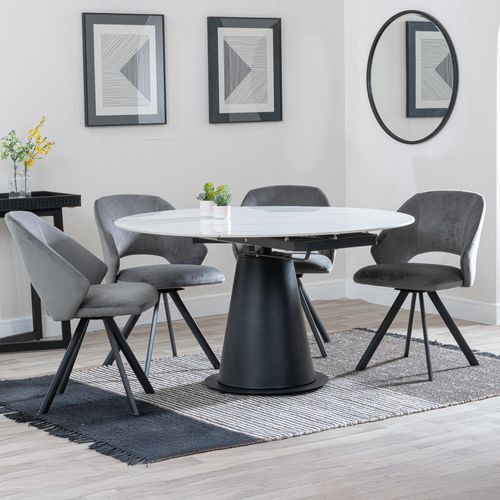 Carrara White Ceramic 4 Seater Round Extending Dining Set - 4 Ion Dark Grey Velvet Fabric Swivel Dining Chair