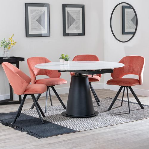 Carrara White Ceramic 4 Seater Round Extending Dining Set - 4 Ion Orange Velvet Fabric Swivel Dining Chair