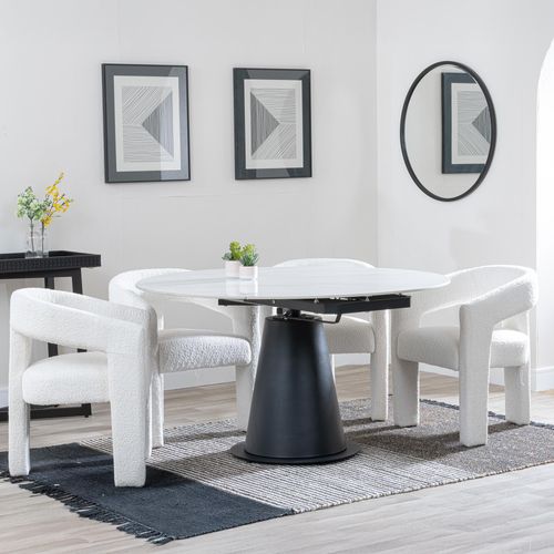 Carrara White Ceramic 4 Seater Round Extending Dining Set - 4 Kiefer Cream Boucle Fabric Dining Chair