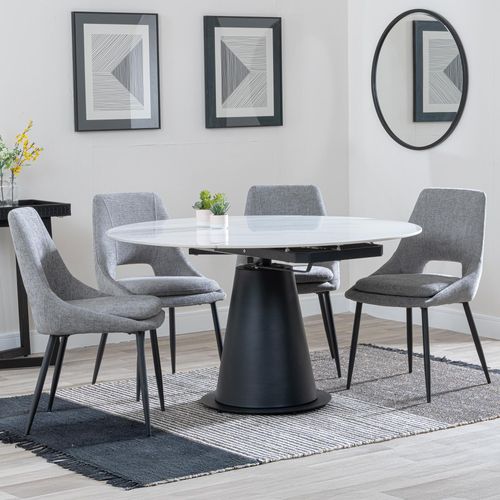 Carrara White Ceramic 4 Seater Round Extending Dining Set - 4 Peyton Grey Fabric Dining Chair