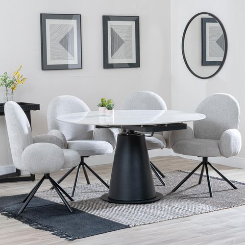 Carrara White Ceramic 4 Seater Round Extending Dining Set - 4 Theo Grey Fabric Swivel Dining Chair