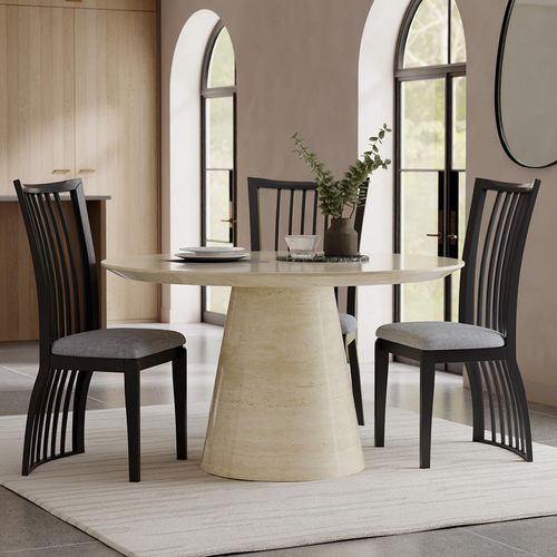 Carrera Travertine Beige Engineered Marble Round Dining Set - 4 Athena Black High Gloss Slatted Back Dining Chair with Grey Seat Pads