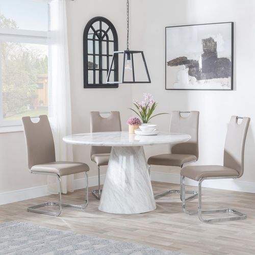 Carrera 4 Seater White Marble Round Dining Set - 4 Bianco Beige Faux Leather Dining Chair