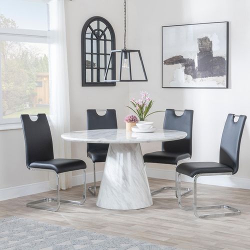 Carrera 4 Seater White Marble Round Dining Set - 4 Bianco Black Faux Leather Dining Chair