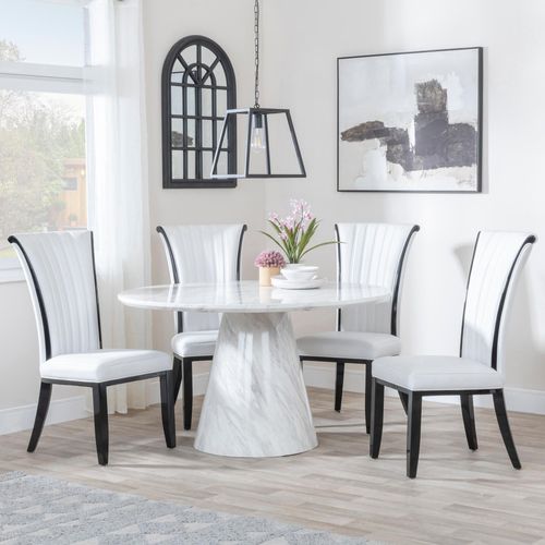Carrera 4 Seater White Marble Round Dining Set - 4 Cadiz White Leather Dining Chair