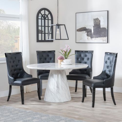 Carrera 4 Seater White Marble Round Dining Set - 4 Carmela Black Leather Dining Chair