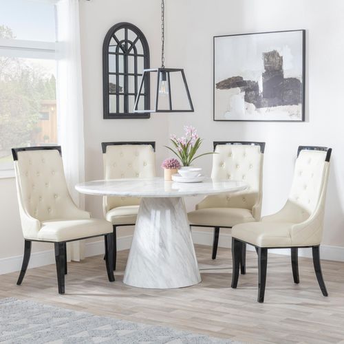 Carrera 4 Seater White Marble Round Dining Set - 4 Carmela Cream Leather Dining Chair