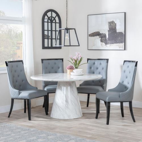 Carrera 4 Seater White Marble Round Dining Set - 4 Carmela Grey Leather Dining Chair
