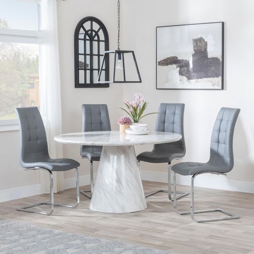Carrera 4 Seater White Marble Round Dining Set - 4 Jamison Grey Faux Leather Dining Chair