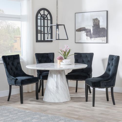 Carrera 4 Seater White Marble Round Dining Set - 4 Knocker Back Black Velvet Fabric Dining Chair with Black Wooden Legs