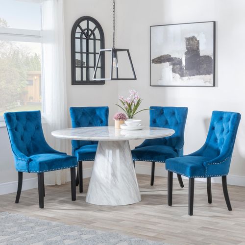 Carrera 4 Seater White Marble Round Dining Set - 4 Knocker Back Blue Velvet Fabric Dining Chair with Black Wooden Legs
