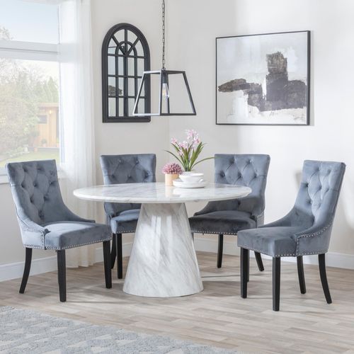 Carrera 4 Seater White Marble Round Dining Set - 4 Knocker Back Grey Velvet Fabric Dining Chair with Black Wooden Legs