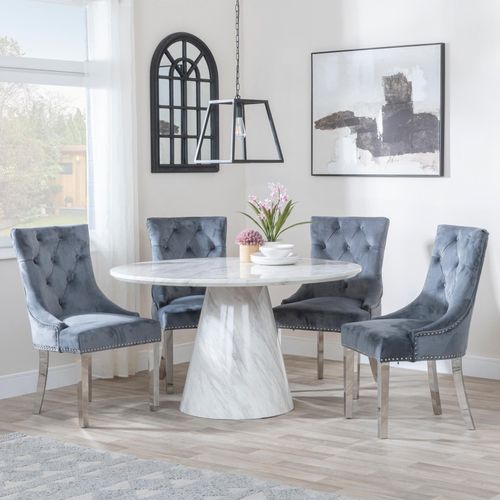 Carrera 4 Seater White Marble Round Dining Set - 4 Knocker Back Grey Velvet Fabric Dining Chair with Chrome Legs