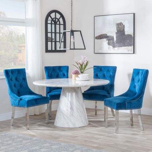 Carrera 4 Seater White Marble Round Dining Set - 4 Lion Knocker Back Blue Velvet Fabric Dining Chair with Chrome Legs