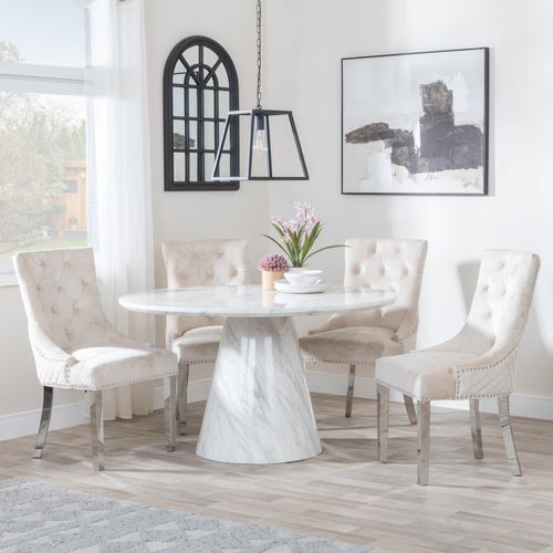 Carrera 4 Seater White Marble Round Dining Set - 4 Lion Knocker Back Champagne Velvet Fabric Dining Chair with Chrome Legs