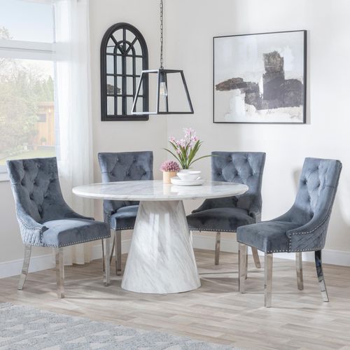 Carrera 4 Seater White Marble Round Dining Set - 4 Lion Knocker Back Grey Velvet Fabric Dining Chair with Chrome Legs