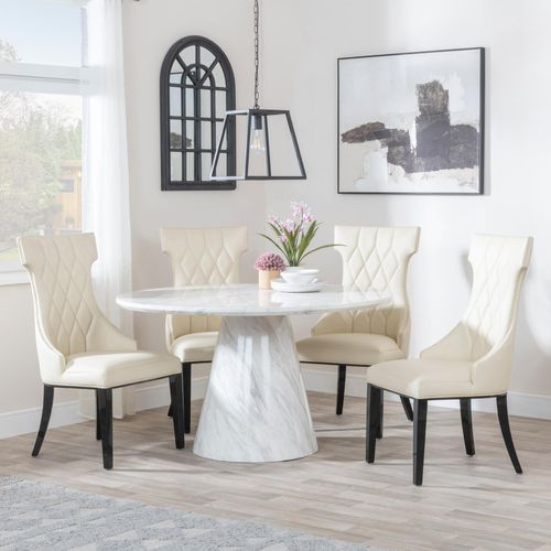 Carrera 4 Seater White Marble Round Dining Set - 4 Mimi Cream Leather Dining Chair