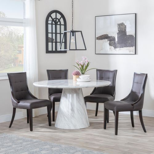 Carrera 4 Seater White Marble Round Dining Set - 4 Paris Brown Leather Dining Chair with Brown Legs