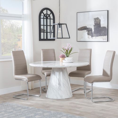 Carrera 4 Seater White Marble Round Dining Set - 4 Roma Beige Faux Leather Dining Chair