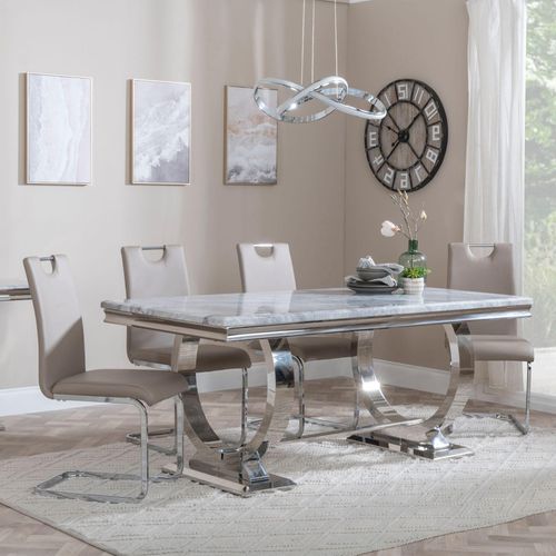 Glacier Grey Marble and Chrome Dining Set - Bianco Beige Faux Leather Dining Chair