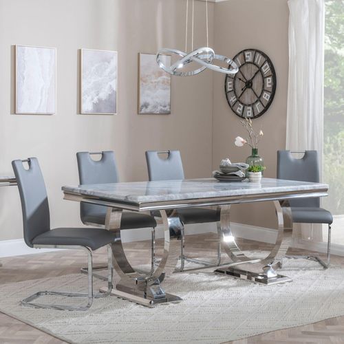 Glacier Grey Marble and Chrome Dining Set - Bianco Grey Faux Leather Dining Chair