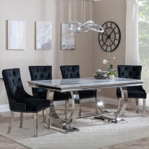 Glacier Grey Marble and Chrome Dining Set - Lion Knocker Back Black Velvet Fabric Dining Chair with Chrome Legs