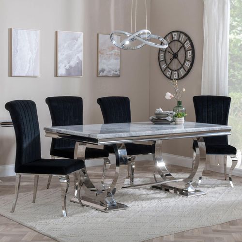 Glacier Grey Marble and Chrome Dining Set - Louis Black Velvet Fabric Dining Chair