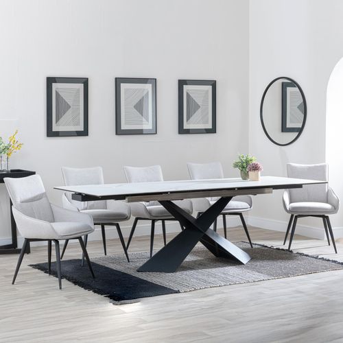 Hayden White Ceramic Extending Dining Set - Ace Beige Fabric Swivel Dining Chair