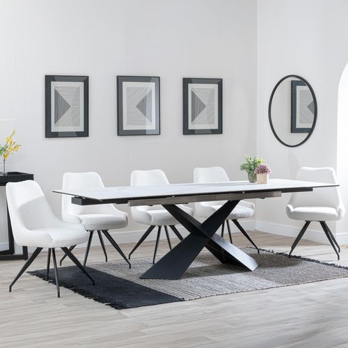 Hayden White Ceramic Extending Dining Set - Arctic Cream Velvet Fabric Swivel Dining Chair