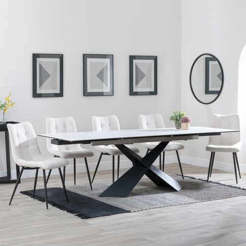 Hayden White Ceramic Extending Dining Set - Corona Beige Fabric Dining Chair