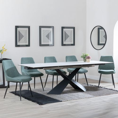 Hayden White Ceramic Extending Dining Set - Darwin Green Fabric Dining Chair