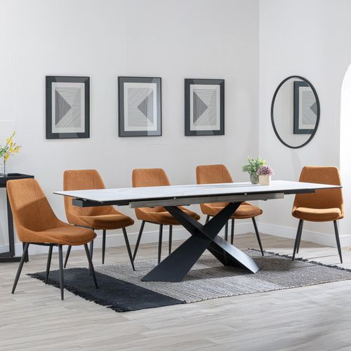 Hayden White Ceramic Extending Dining Set - Darwin Orange Fabric Dining Chair