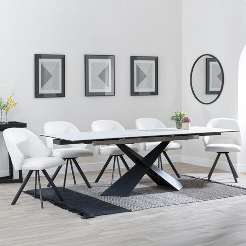 Hayden White Ceramic Extending Dining Set - Ion Cream Boucle Teddy Fabric Swivel Dining Chair