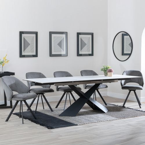 Hayden White Ceramic Extending Dining Set - Ion Dark Grey Velvet Fabric Swivel Dining Chair