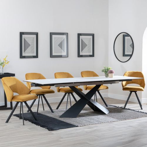 Hayden White Ceramic Extending Dining Set - Ion Mustard Velvet Fabric Swivel Dining Chair