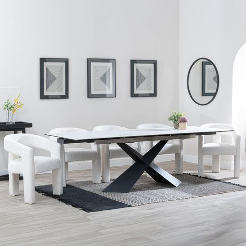 Hayden White Ceramic Extending Dining Set - Kiefer Cream Boucle Fabric Dining Chair