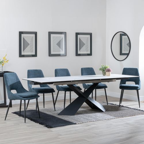 Hayden White Ceramic Extending Dining Set - Peyton Blue Fabric Dining Chair
