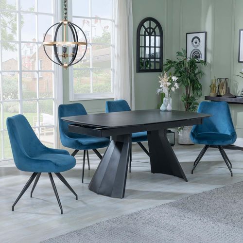 Kinston Black Ceramic Extending Dining Set - Arctic Blue Velvet Fabric Swivel Dining Chair