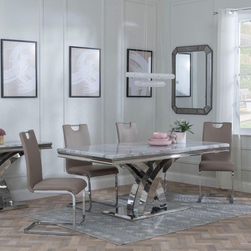 Lisbon Grey Marble and Chrome Dining Set - Bianco Beige Faux Leather Dining Chair
