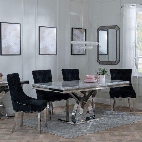 Lisbon Grey Marble and Chrome Dining Set - Knocker Back Black Velvet Fabric Dining Chair with Chrome Legs