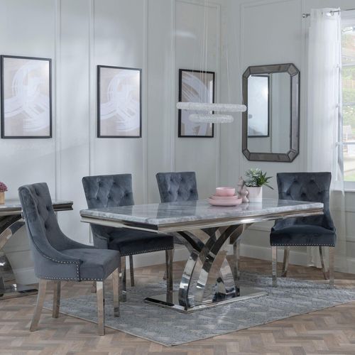 Lisbon Grey Marble and Chrome Dining Set - Knocker Back Grey Velvet Fabric Dining Chair with Chrome Legs
